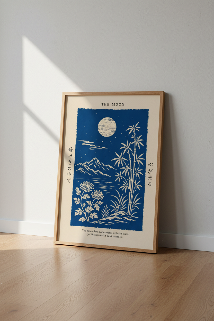Zen wall art | Japanese Ukiyo-e Moonlit Bamboo Nightscape | Indigo Living Room Decor