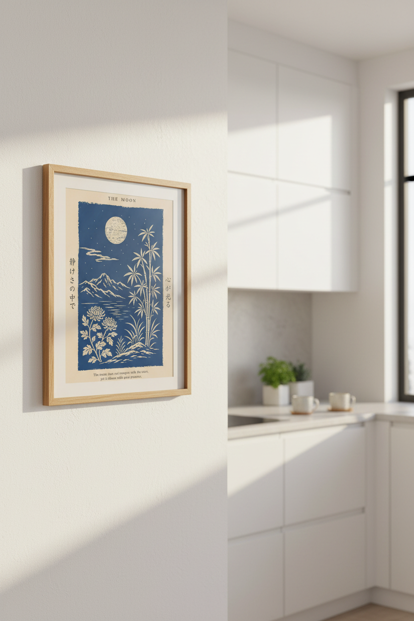 Zen wall art | Japanese Ukiyo-e Moonlit Bamboo Nightscape | Indigo Living Room Decor