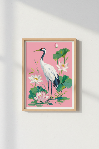 Watercolor Crane Wall Art Print | Living Room Decor | Pink Aesthetic Poster