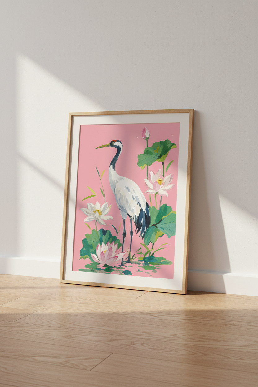 Watercolor Crane Wall Art Print | Living Room Decor | Pink Aesthetic Poster