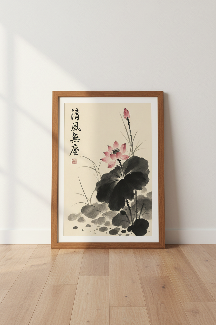 Japanese Lotus Flower Wall Art | Zen Ink Wash Poster, Yoga Meditation Decor