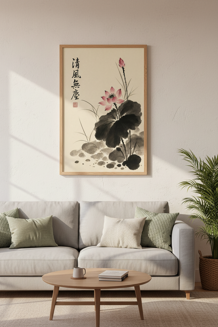 Japanese Lotus Flower Wall Art | Zen Ink Wash Poster, Yoga Meditation Decor