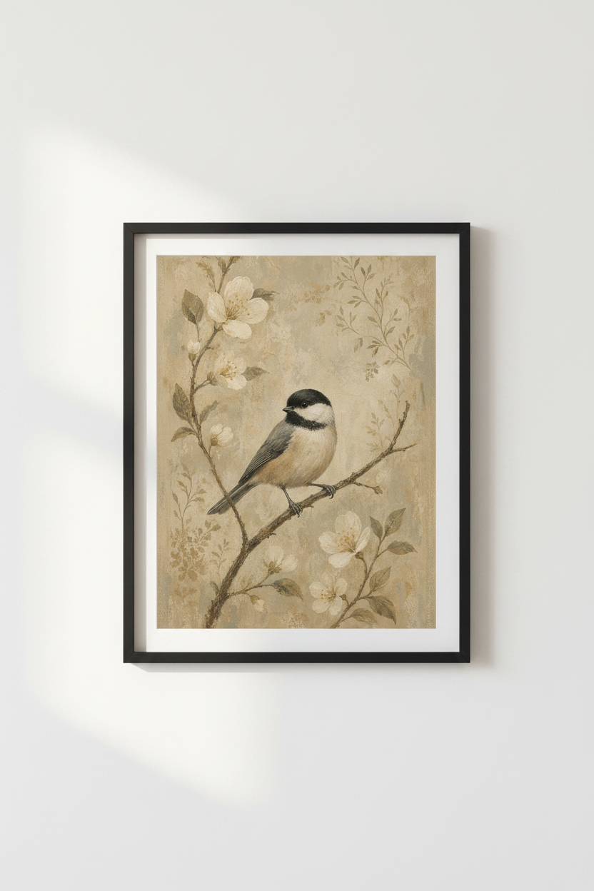Vintage Chickadee Bird Wall Art Print | Muted Nature Decor | Botanical Poster