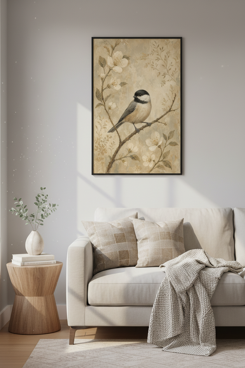 Vintage Chickadee Bird Wall Art Print | Muted Nature Decor | Botanical Poster