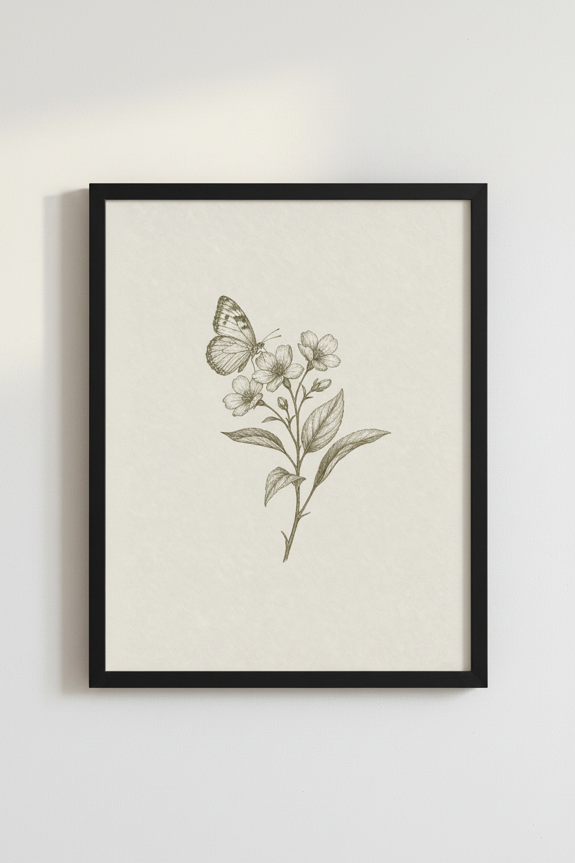 Butterfly &amp; Wildflower Sketch | Vintage Botanical Print, Minimalist Room Decor