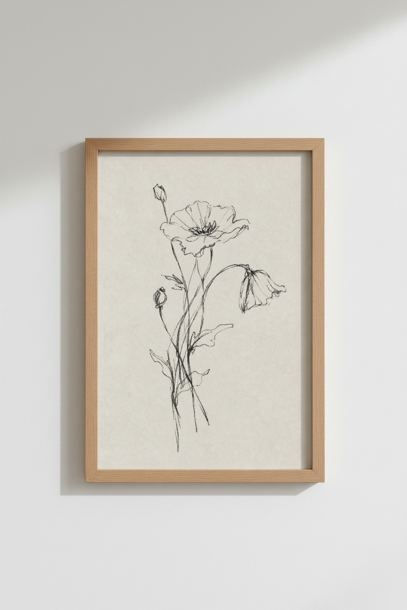 Wildflower Charcoal Sketch | Minimalist Botanical Wall Art, Neutral Home Decor