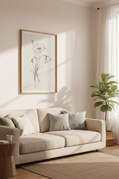 Wildflower Charcoal Sketch | Minimalist Botanical Wall Art, Neutral Home Decor
