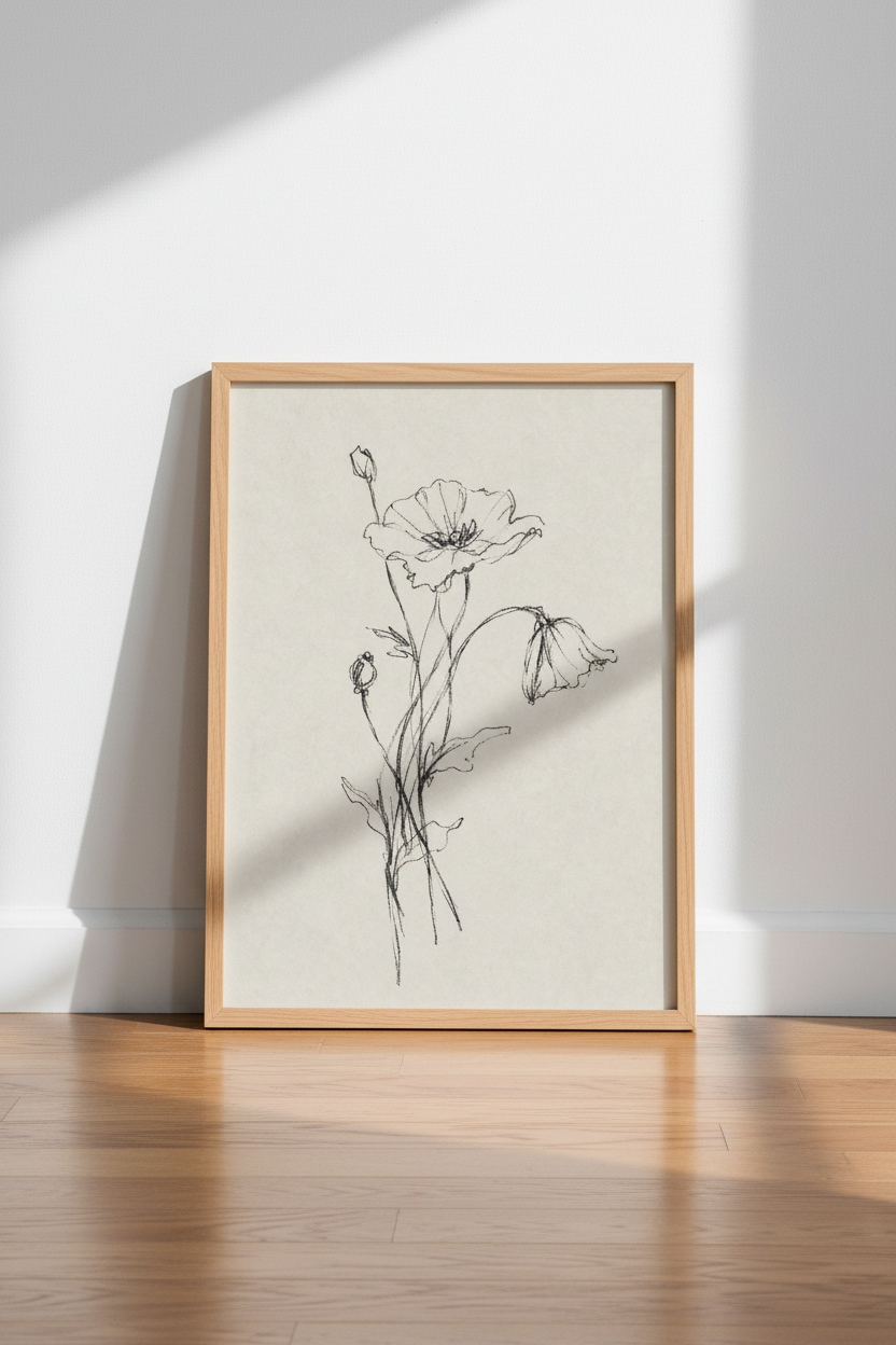 Wildflower Charcoal Sketch | Minimalist Botanical Wall Art, Neutral Home Decor