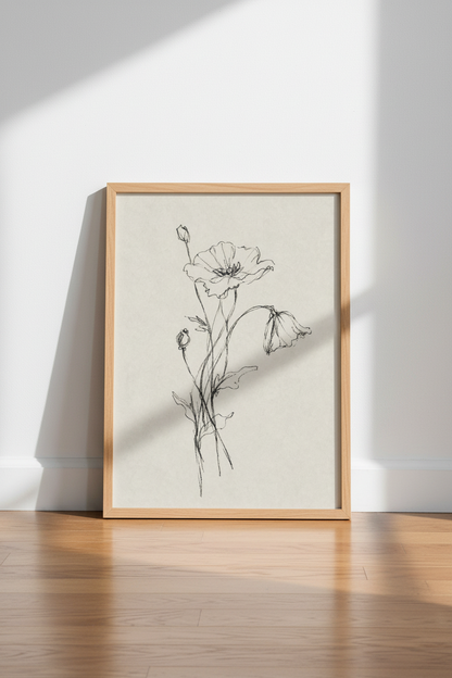Wildflower Charcoal Sketch | Minimalist Botanical Wall Art, Neutral Home Decor