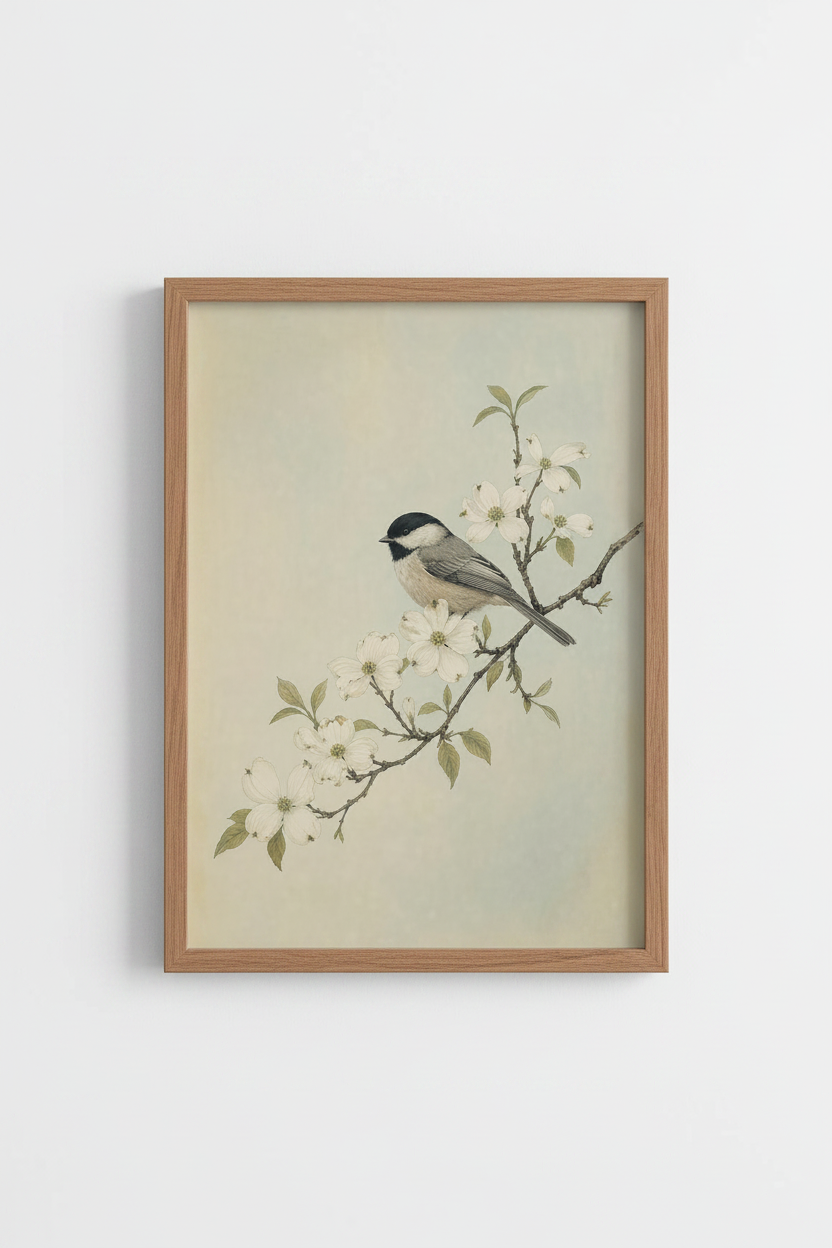 Vintage Bird Art Print | Chickadee on Dogwood Branch, Farmhouse Wall Decor