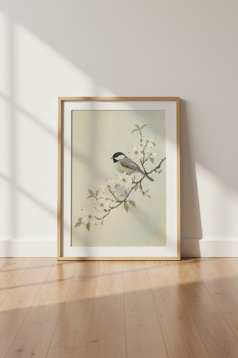 Vintage Bird Art Print | Chickadee on Dogwood Branch, Farmhouse Wall Decor