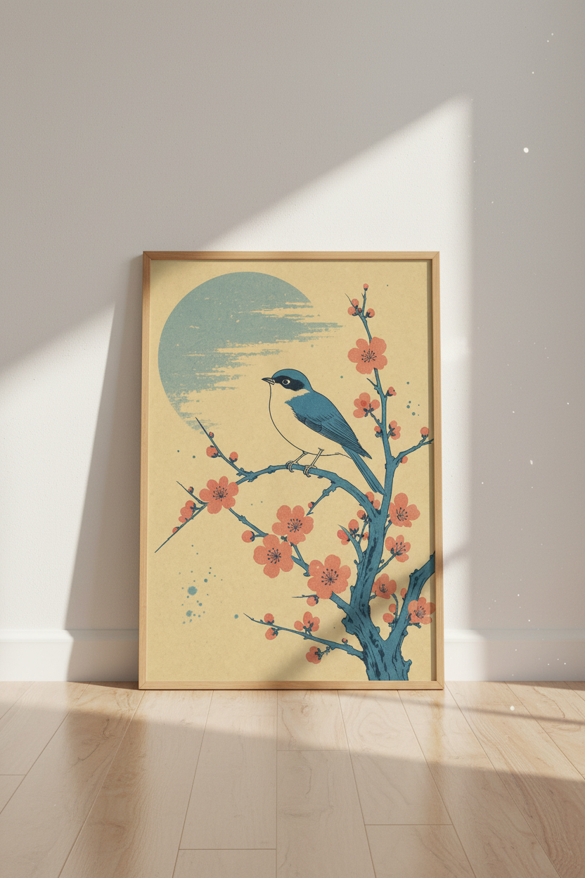 Japanese Bird &amp; Blossom Art Print | Blue &amp; Peach Vintage Poster, Zen Wall Decor