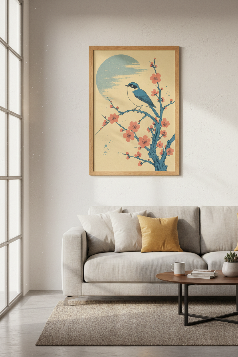 Japanese Bird &amp; Blossom Art Print | Blue &amp; Peach Vintage Poster, Zen Wall Decor