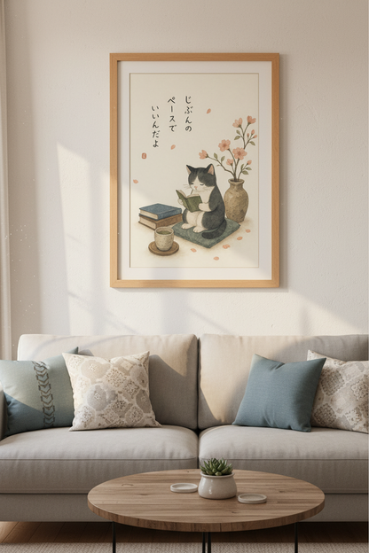 Japanese Reading Cat Wall Art Print | Zen Library Decor | Watercolor Tuxedo Cat Poster