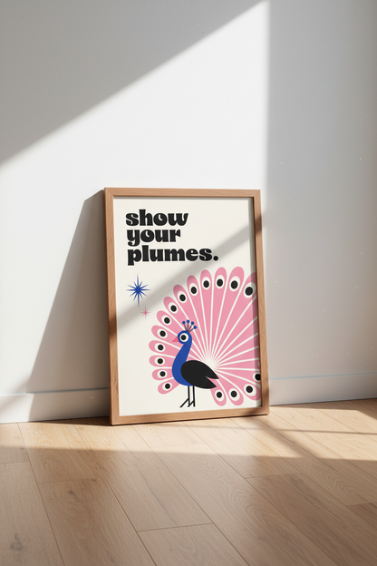 Peacock Silhouette Wall Art Print | Funky Retro Decor | Show Your Plumes Pink Poster
