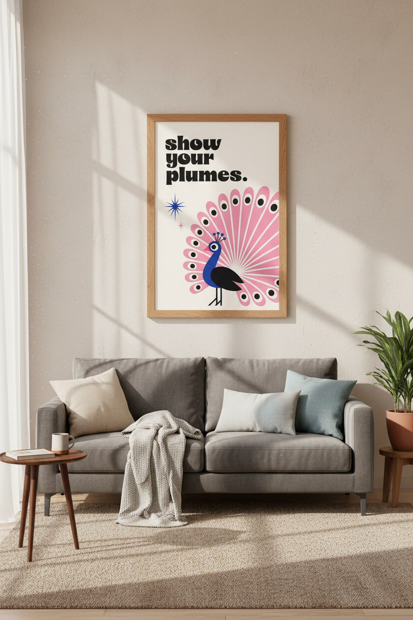 Peacock Silhouette Wall Art Print | Funky Retro Decor | Show Your Plumes Pink Poster