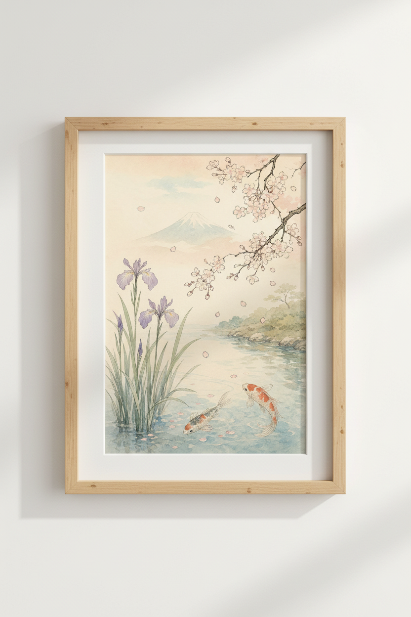 Japanese blossom art | Watercolor wall print, Fuji-inspired decor | Zen living room poster