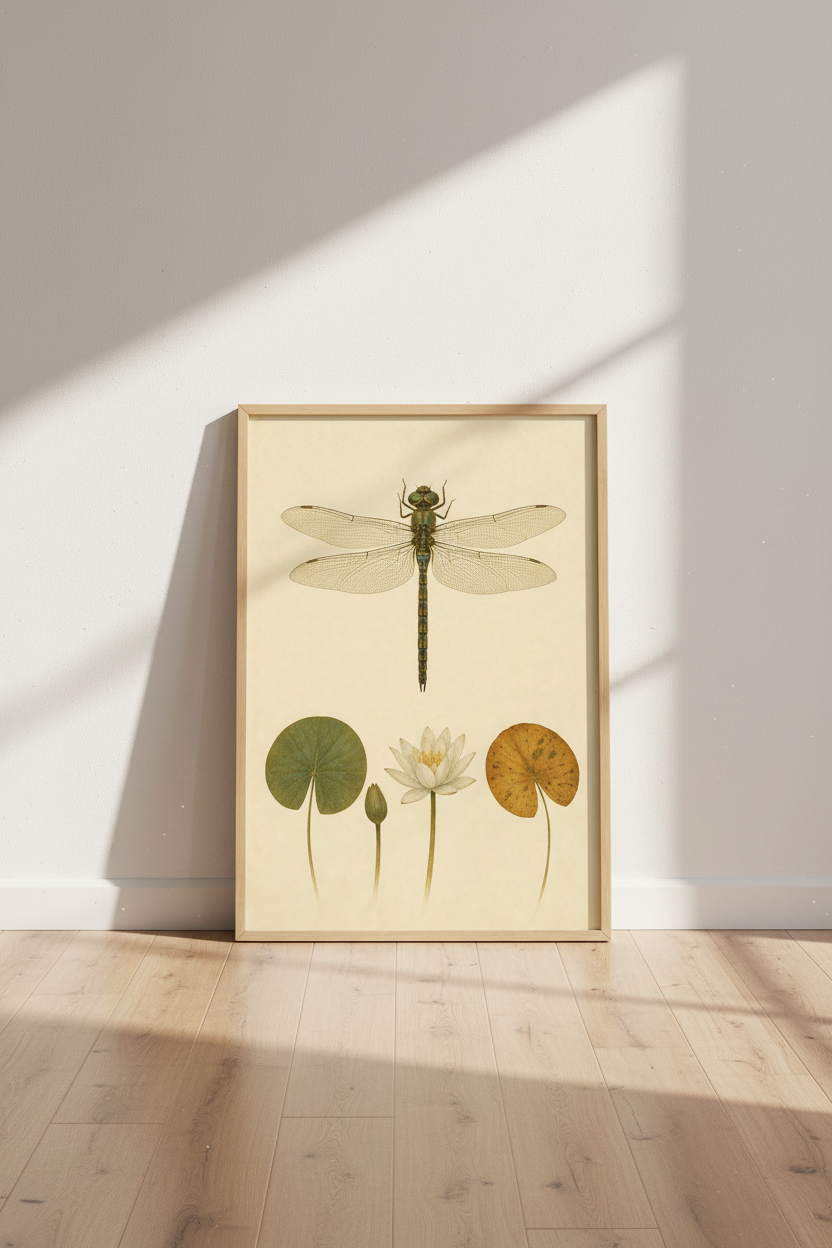 Dragonfly &amp; Water Lily Wall Art | Vintage Botanical Print, Cottagecore Decor
