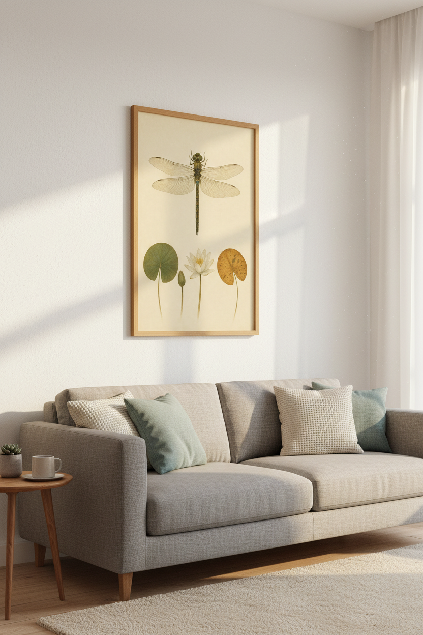 Dragonfly &amp; Water Lily Wall Art | Vintage Botanical Print, Cottagecore Decor