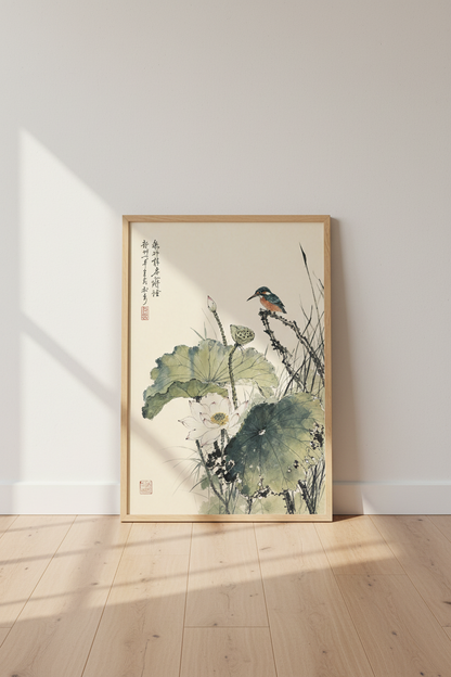 Kingfisher &amp; Lotus | Japanese Style Nature Ink Print, Zen Bedroom Wall Art