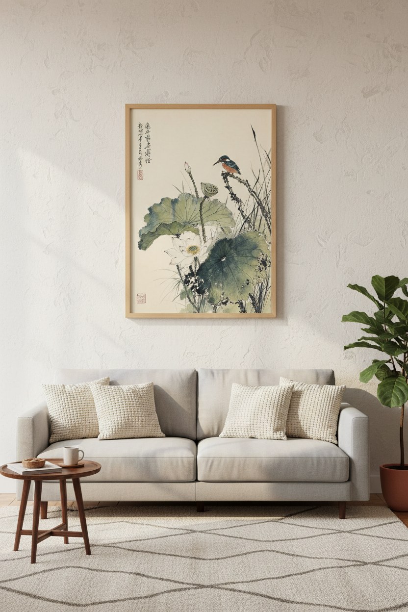 Kingfisher &amp; Lotus | Japanese Style Nature Ink Print, Zen Bedroom Wall Art