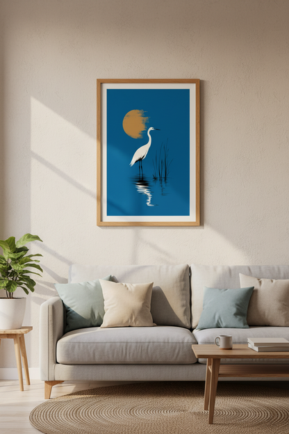 White Egret Wall Art | Minimalist Blue &amp; Gold Bird Poster | Modern Home Decor