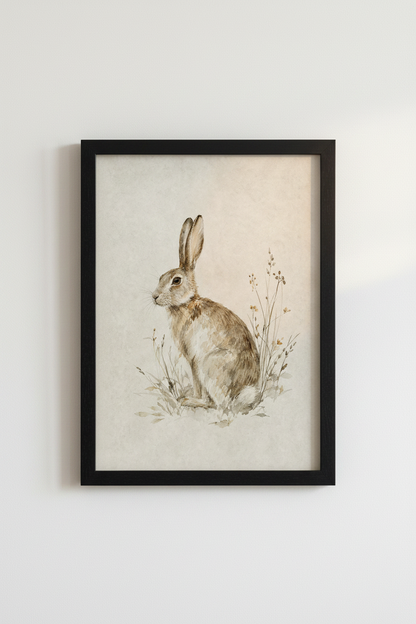 Watercolor Hare Wall Art Print | Farmhouse Nursery Decor | Neutral Rustic Poster