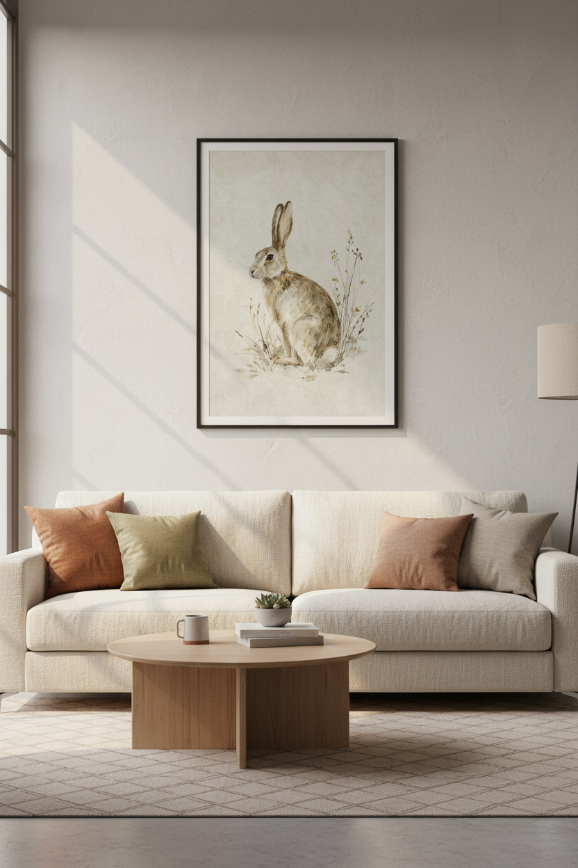 Watercolor Hare Wall Art Print | Farmhouse Nursery Decor | Neutral Rustic Poster