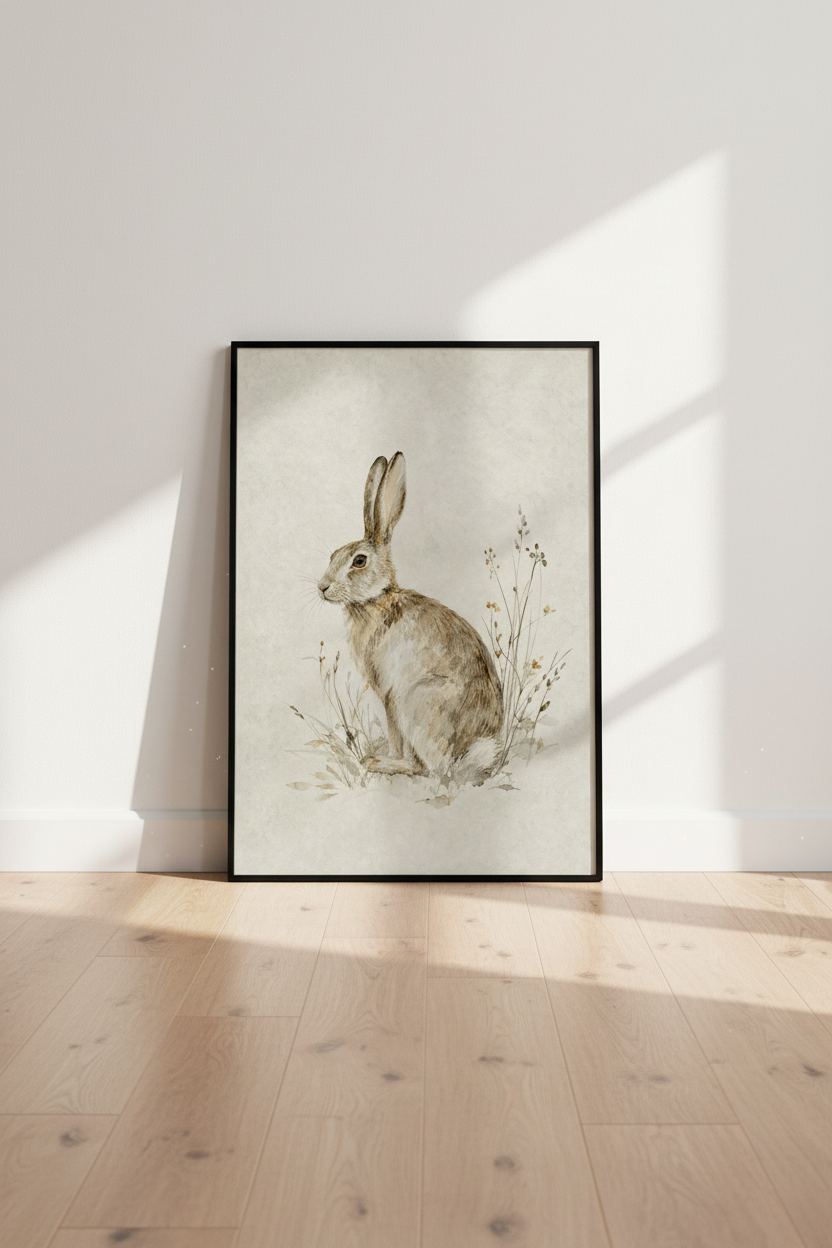 Watercolor Hare Wall Art Print | Farmhouse Nursery Decor | Neutral Rustic Poster