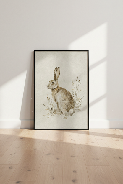 Watercolor Hare Wall Art Print | Farmhouse Nursery Decor | Neutral Rustic Poster