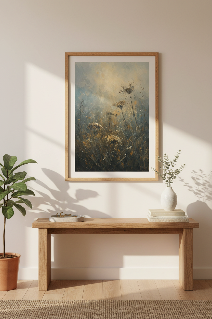 Botanical wall art print | Misty blue tones open meadow | Minimalist poster