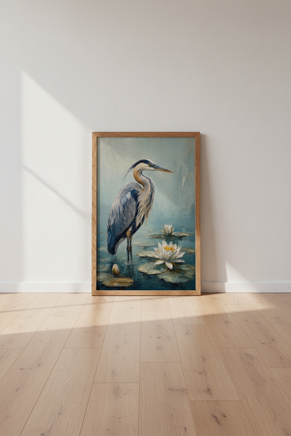 Blue Heron Wall Art Print | Impasto Oil Style Coastal Decor | Heron &amp; Water Lily Poster