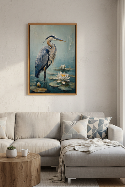 Blue Heron Wall Art Print | Impasto Oil Style Coastal Decor | Heron &amp; Water Lily Poster