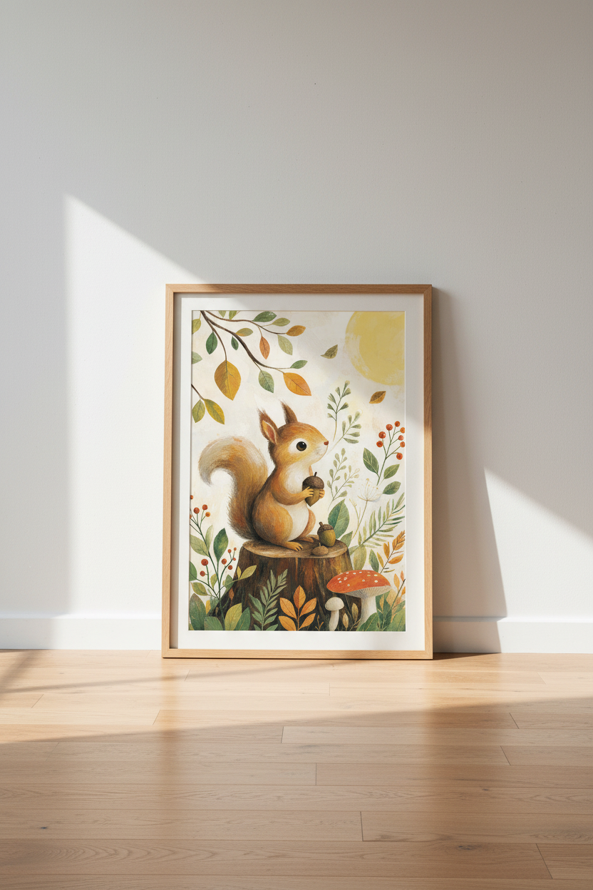 Cute Squirrel &amp; Forest Autumn Wall Art | Woodland Nursery Decor | Whimsical Poster