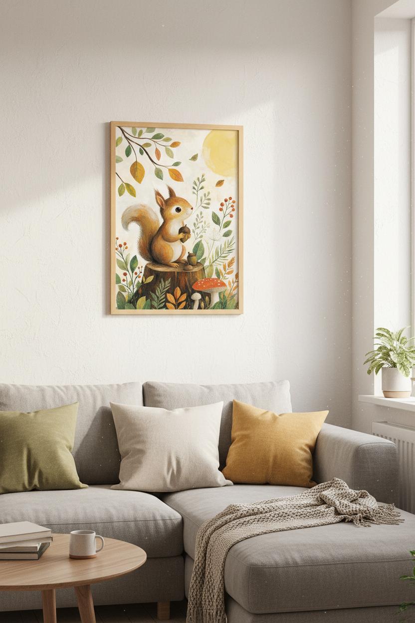 Cute Squirrel &amp; Forest Autumn Wall Art | Woodland Nursery Decor | Whimsical Poster