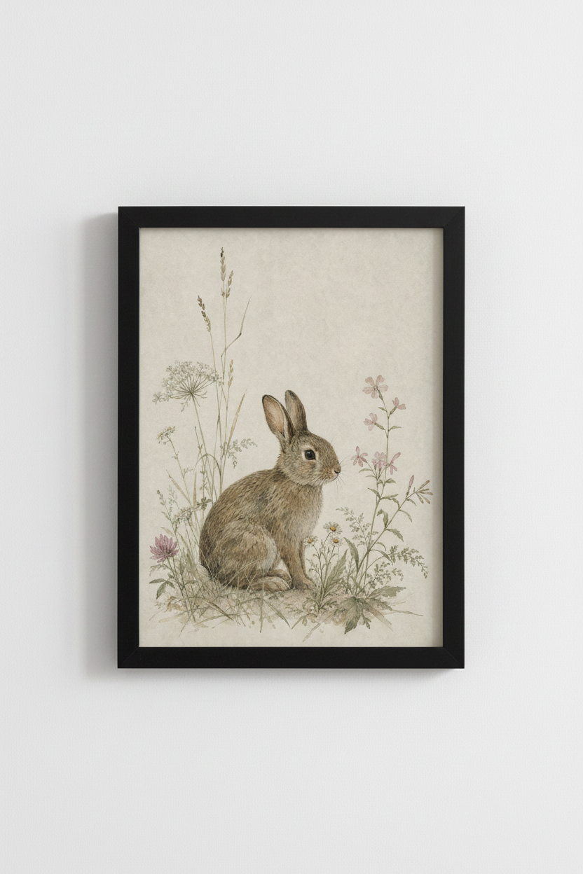 Vintage Watercolor Bunny Print | Woodland Rabbit Nursery Decor | Botanical Meadow Poster