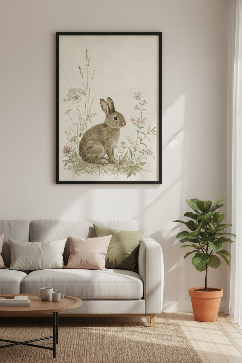 Vintage Watercolor Bunny Print | Woodland Rabbit Nursery Decor | Botanical Meadow Poster