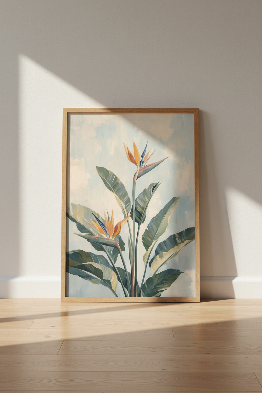Tropical Flower Art Print | Bird of Paradise Botanical Poster, Blue Muted Painting Decor