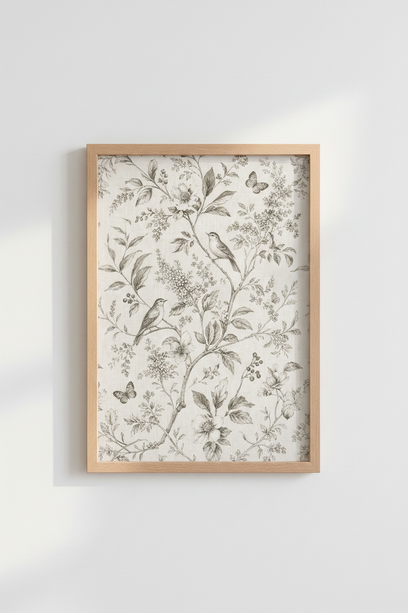 Vintage Bird Floral Wall Art Print | Neutral Botanical Decor | Toile de Jouy Poster