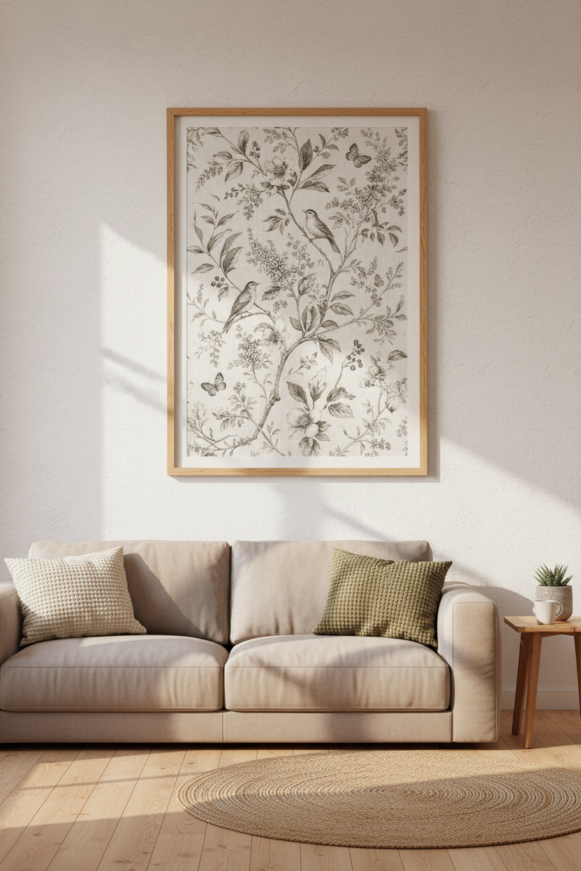 Vintage Bird Floral Wall Art Print | Neutral Botanical Decor | Toile de Jouy Poster