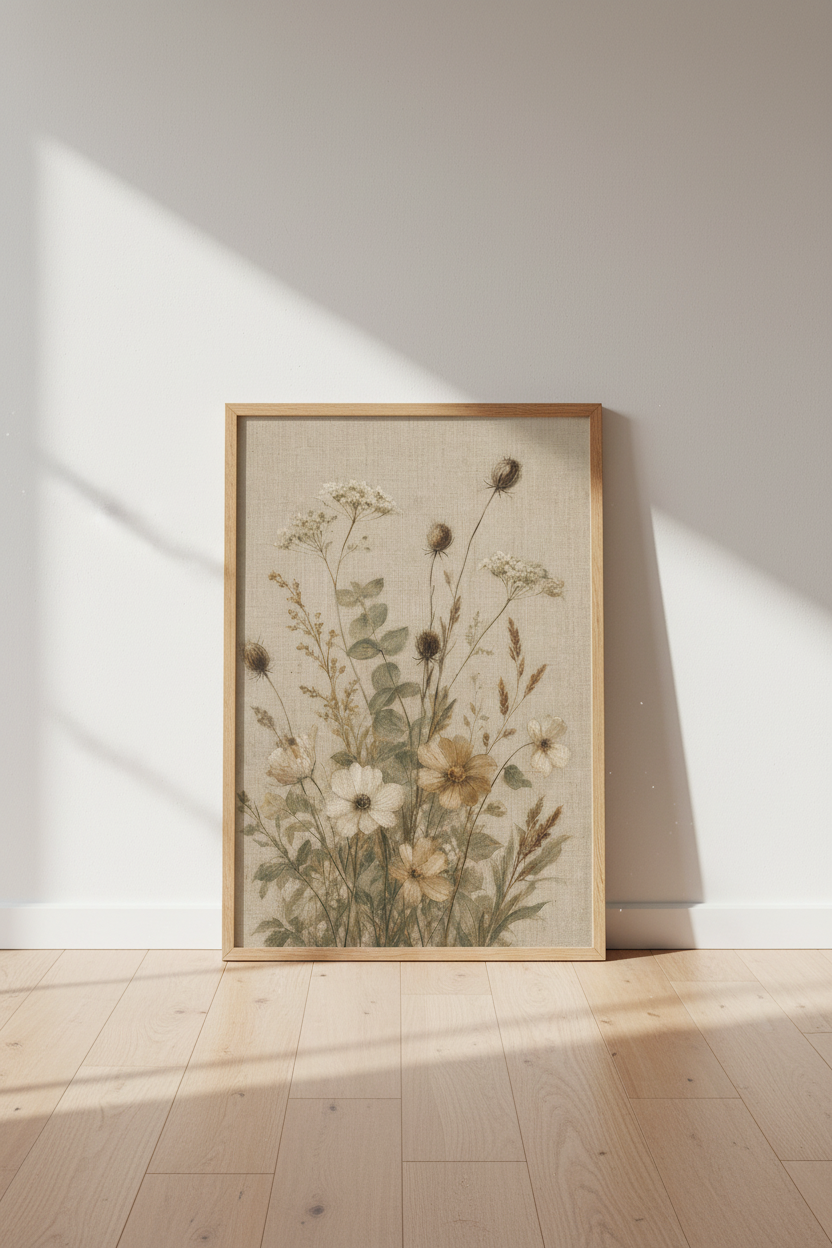 Vintage Wildflower Bouquet | Earthy Botanical Linen Style, Farmhouse Decor
