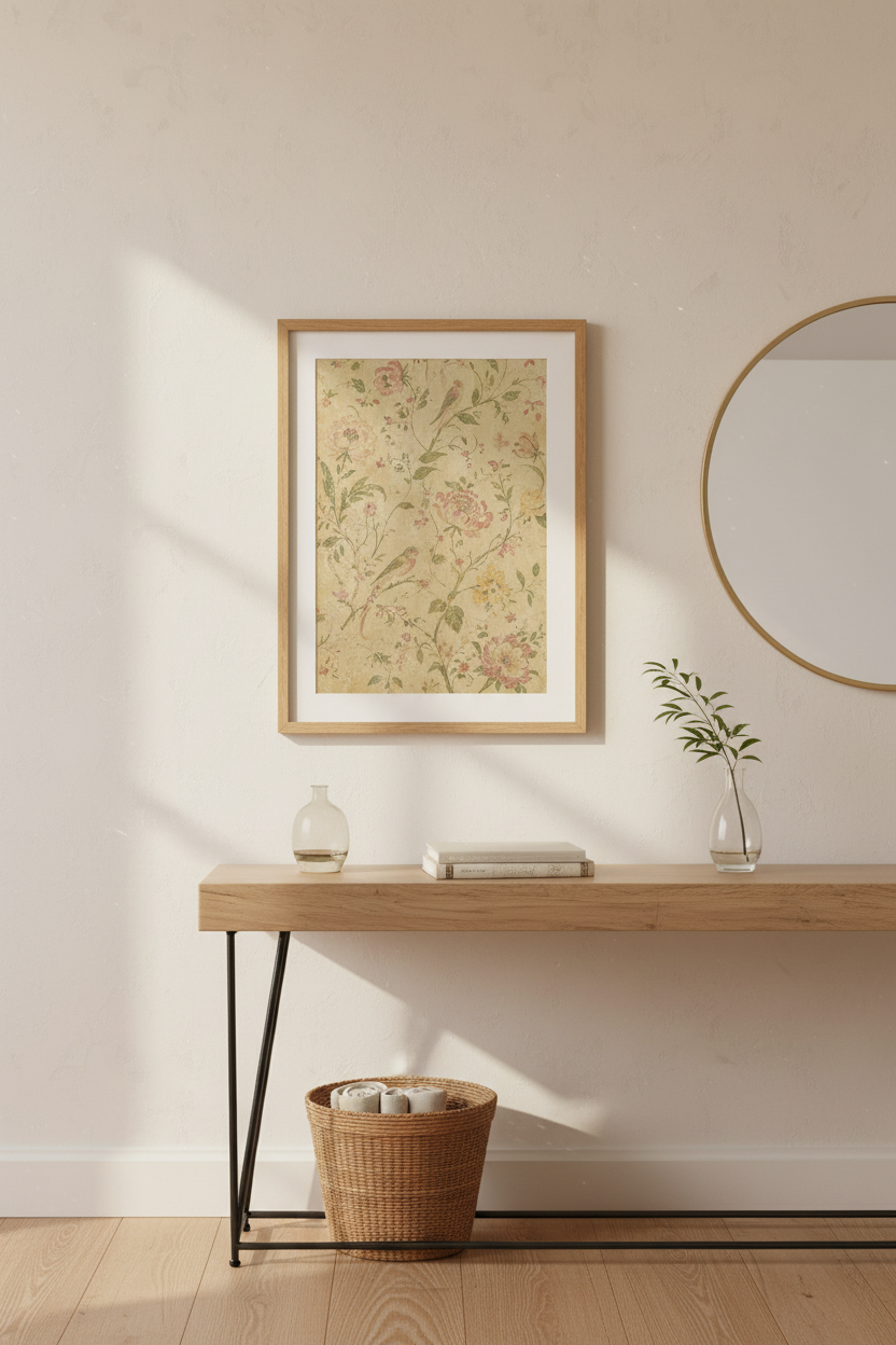 Botanical Wall Art | Vintage Floral Beige Print, Living Room Decor
