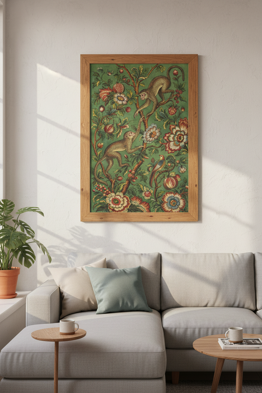 Vintage Monkey &amp; Floral Mural | Sage Green Botanical Art, Chinoiserie Jungle Poster