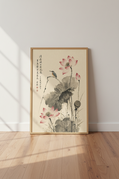 Lotus &amp; Kingfisher | Japanese Ink Style Pink Floral, Zen Home Decor Art