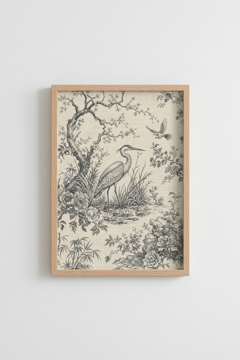Chinoiserie Crane Wall Art Print | Vintage Heron Home Decor | Linen Style Canvas Poster
