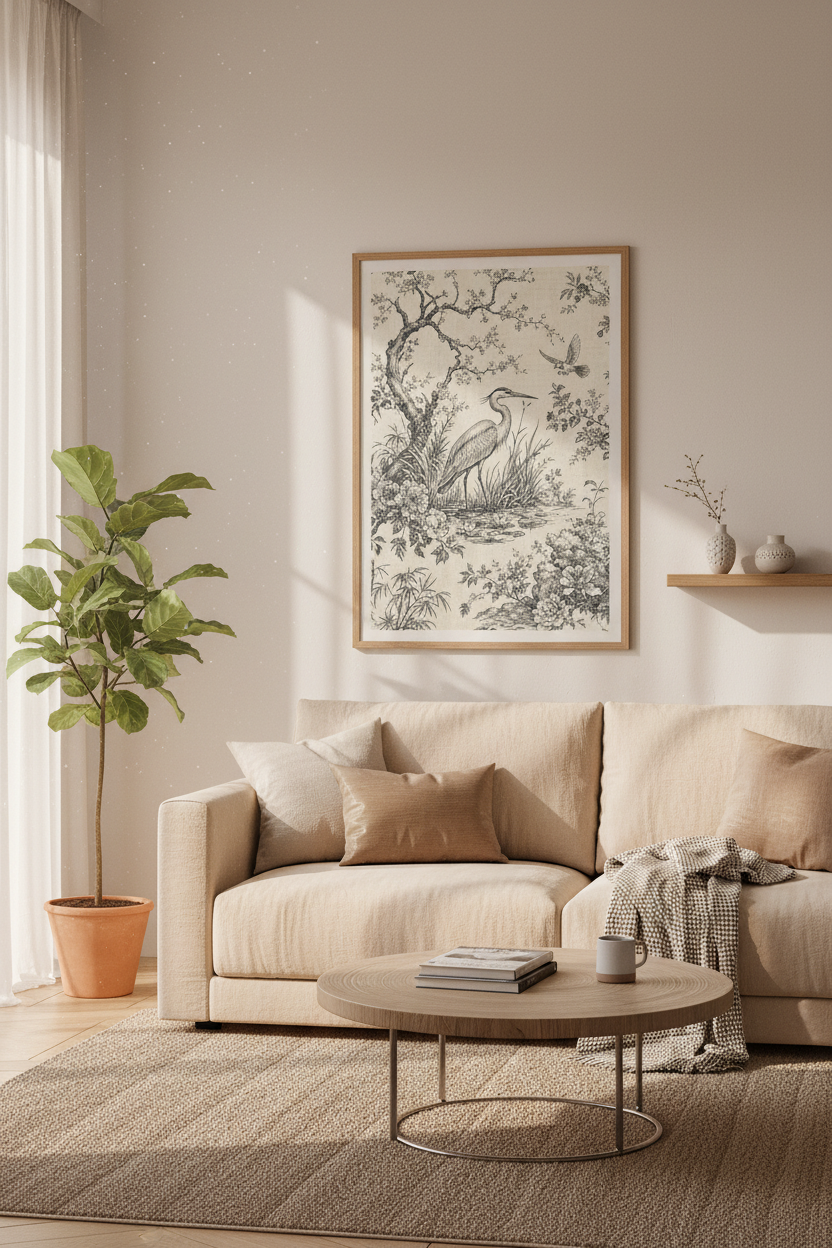 Chinoiserie Crane Wall Art Print | Vintage Heron Home Decor | Linen Style Canvas Poster