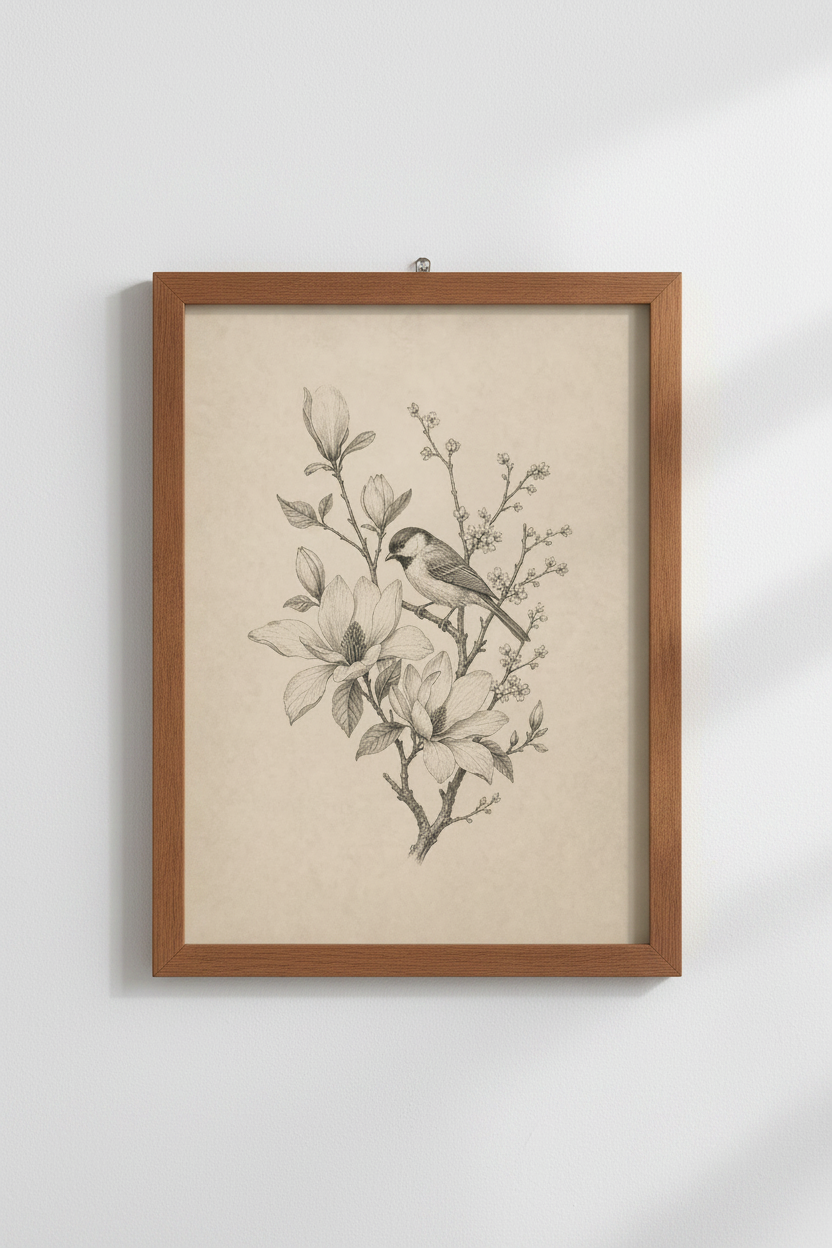 Bird &amp; Magnolia Sketch | Vintage Botanical Wall Art, Neutral Gallery Print