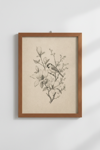 Bird &amp; Magnolia Sketch | Vintage Botanical Wall Art, Neutral Gallery Print