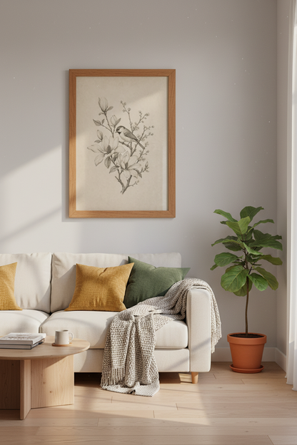 Bird &amp; Magnolia Sketch | Vintage Botanical Wall Art, Neutral Gallery Print