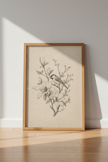 Bird &amp; Magnolia Sketch | Vintage Botanical Wall Art, Neutral Gallery Print